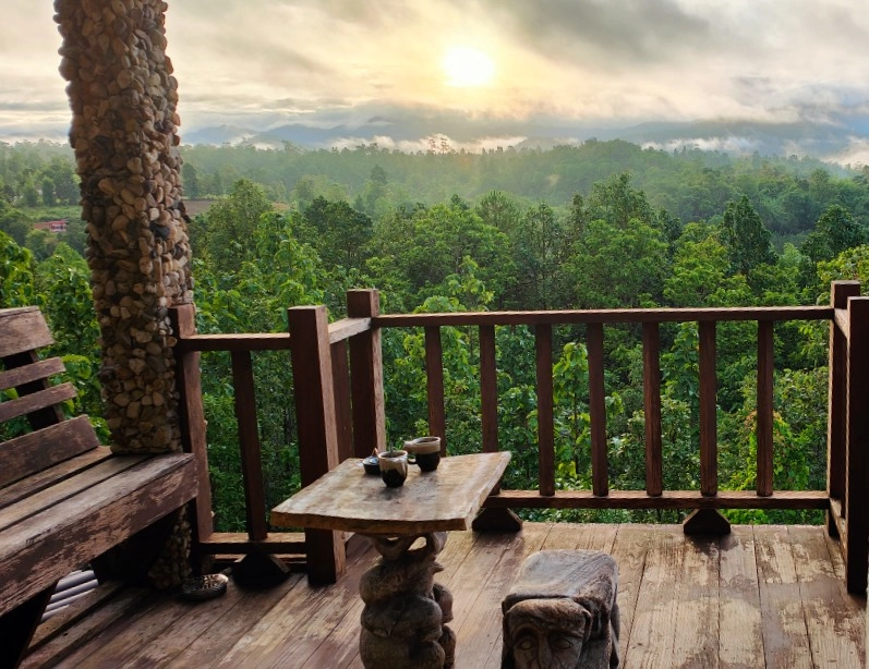 Wooden balcony overlooking lush green forest and misty mountains at sunrise
