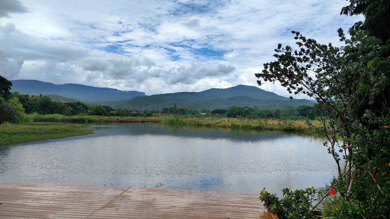Calm lake with wooden dock, surrounded by green trees and distant mountains under cloudy sky