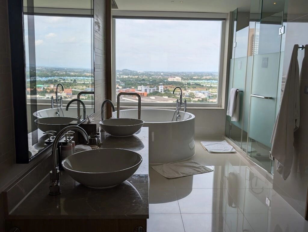Modern bathroom with round sinks, bathtub, glass shower, and city view through large window